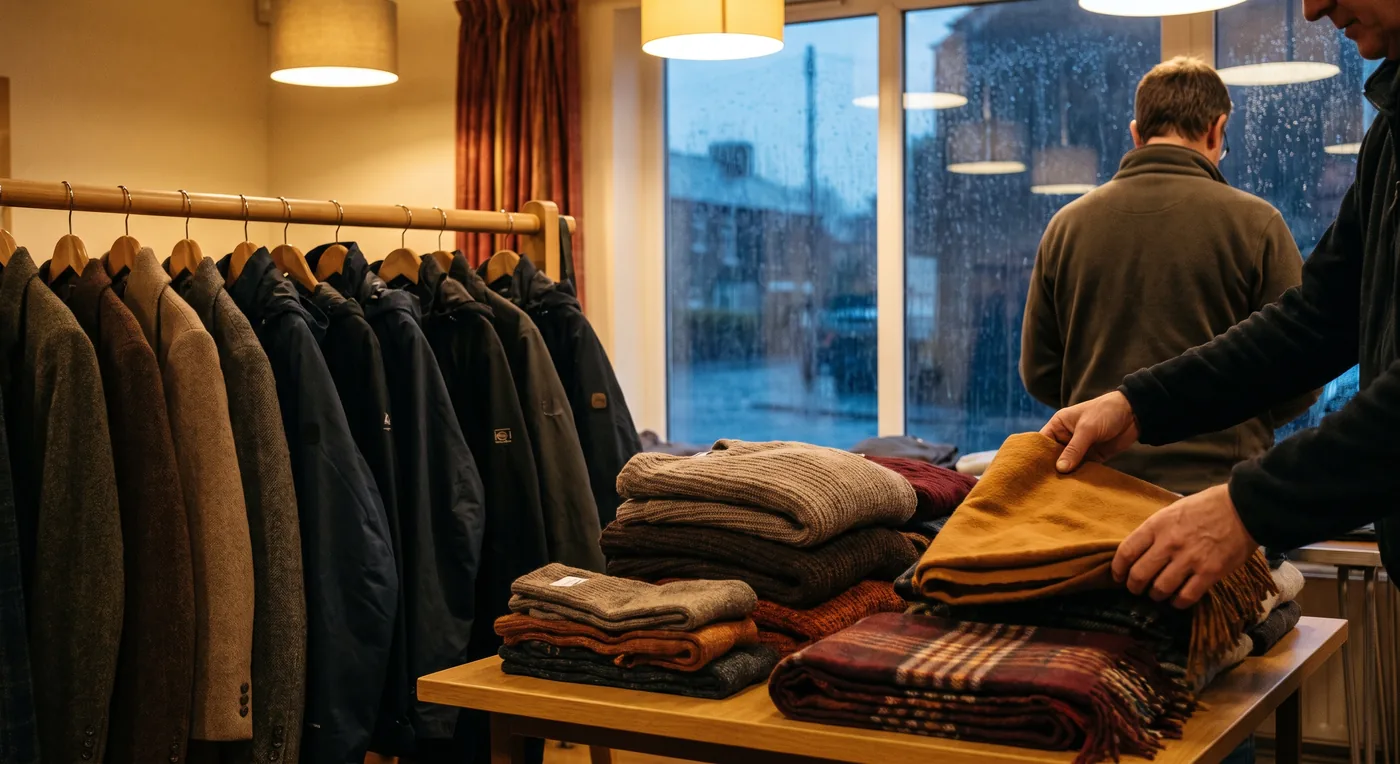 A tidy rail of warm winter coats beside neatly folded stacks of jumpers, scarves and thick socks.