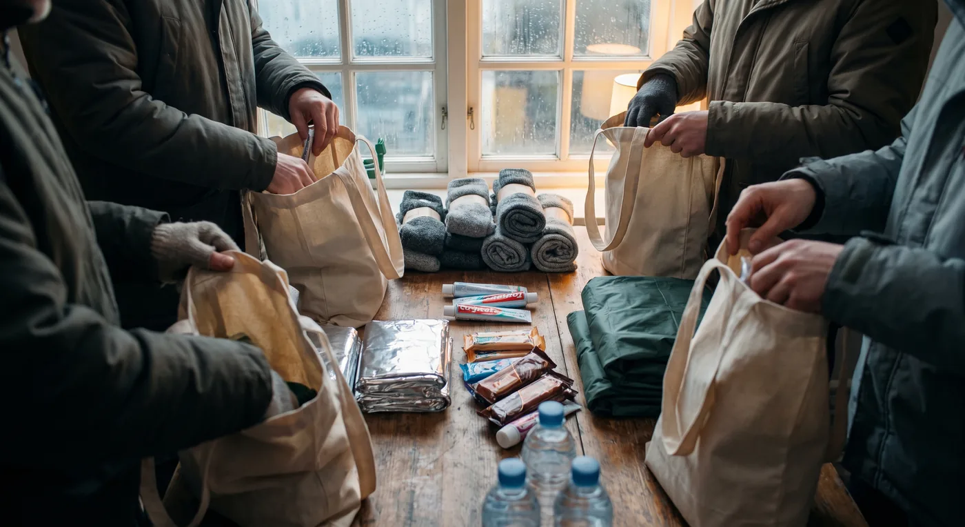 Several pairs of hands packing care kits into canvas tote bags with socks, foil blankets, water and toiletries.