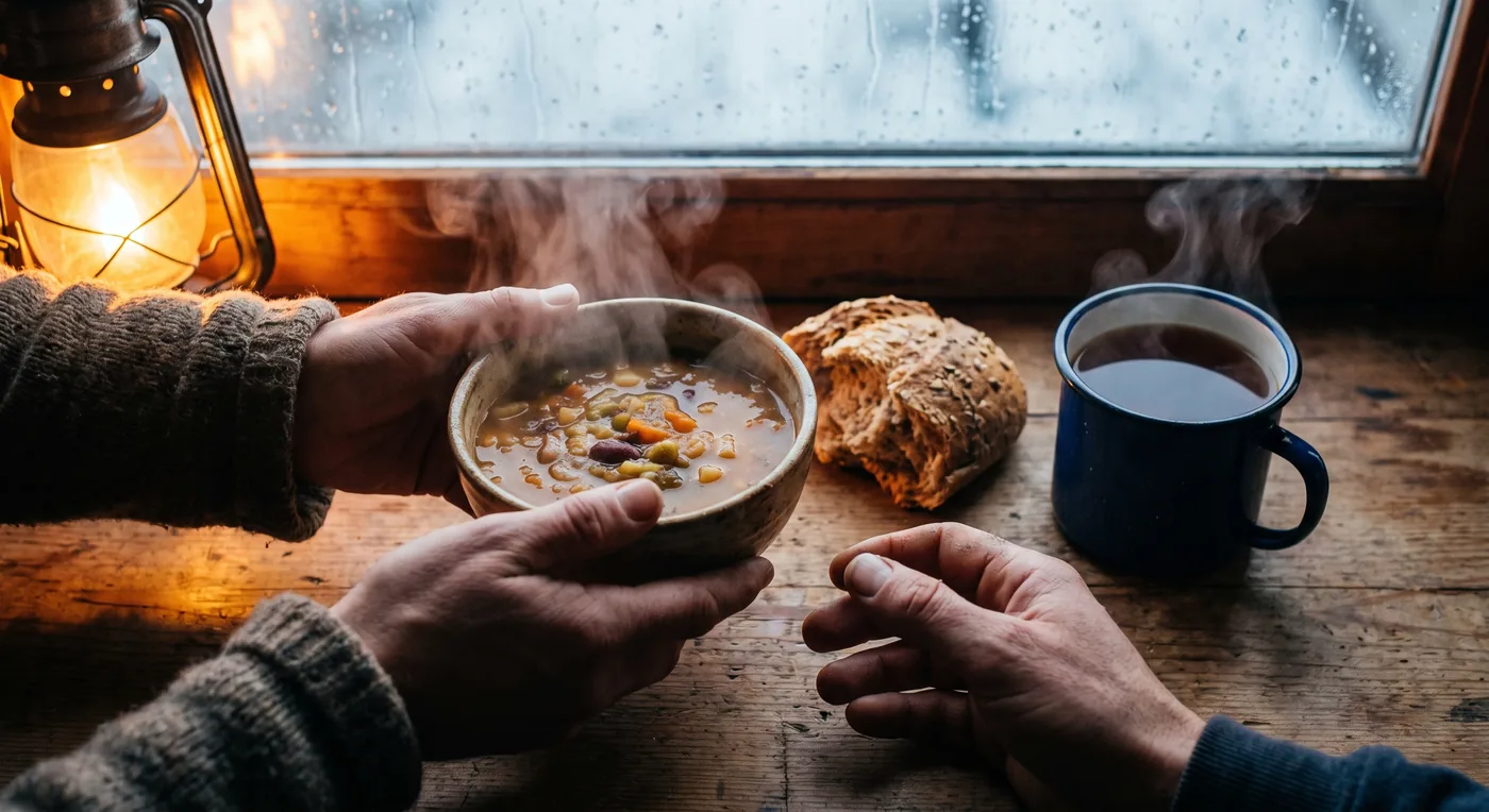Hands passing a bowl of hot soup and bread across a wooden table, with a steaming mug of tea alongside.
