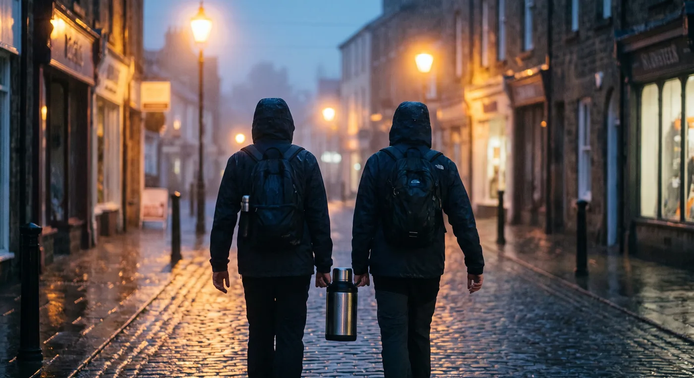 Two volunteers in weatherproof coats walking away down a wet street at night carrying rucksacks and a flask.