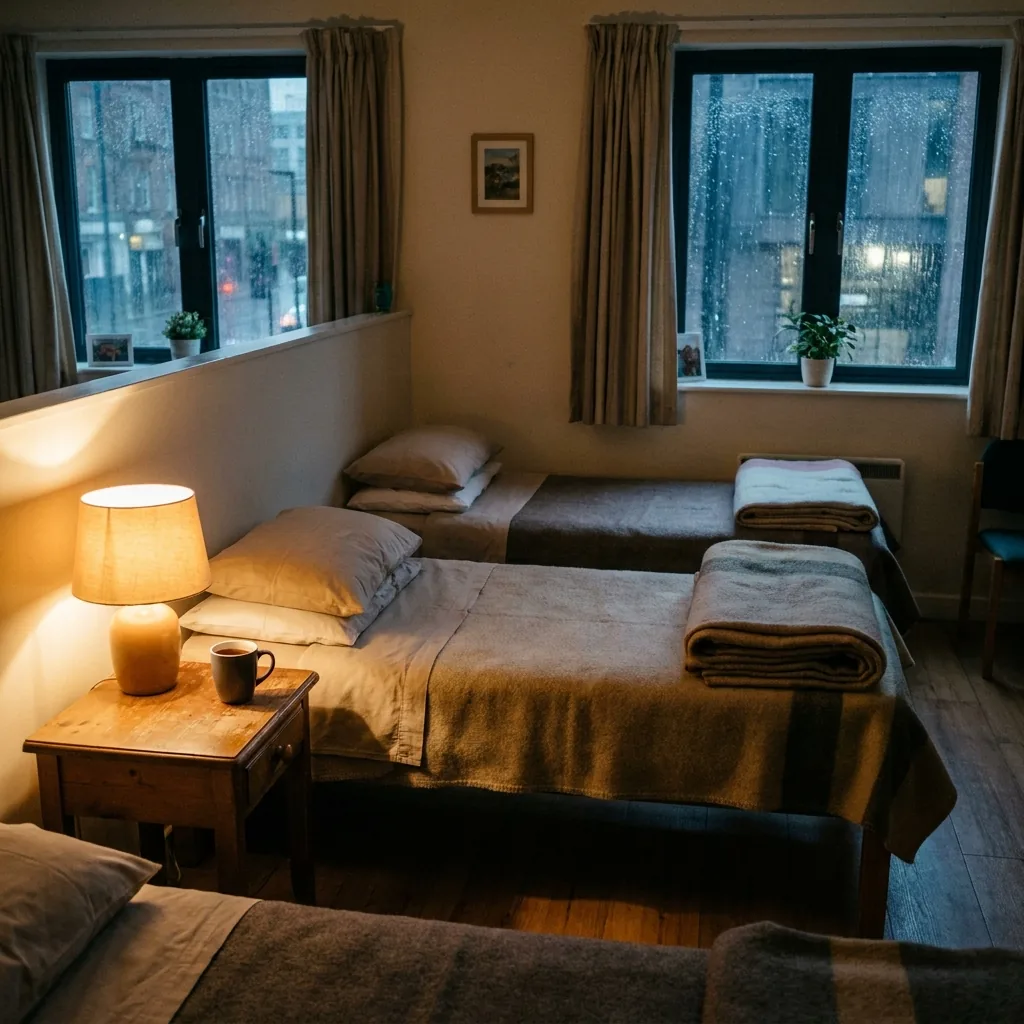 A warm, simple shelter room with made-up beds, folded wool blankets and a lit bedside lamp, rain on the window outside.