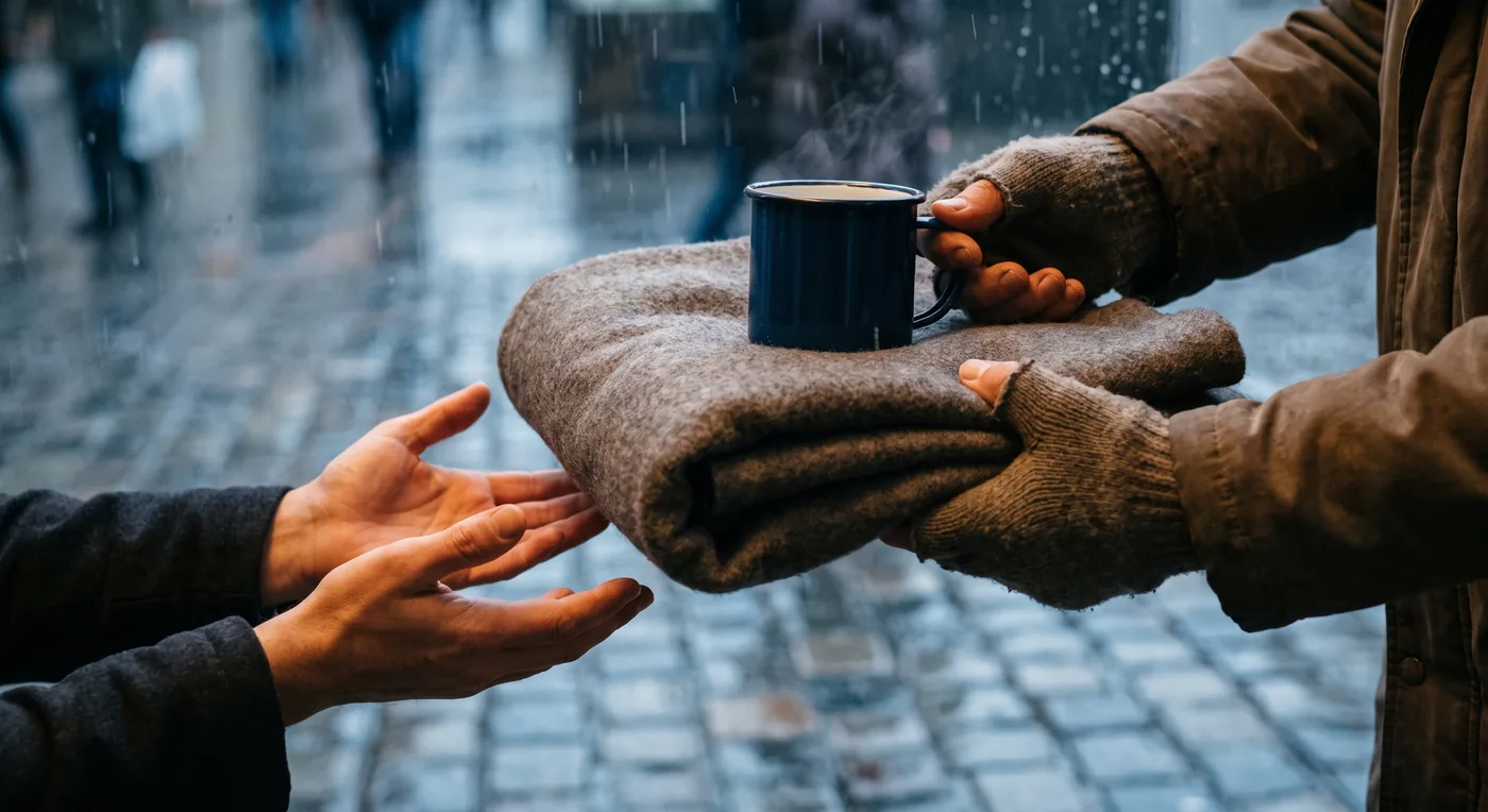 Hands passing a folded wool blanket and a hot drink to another pair of waiting hands in the rain.